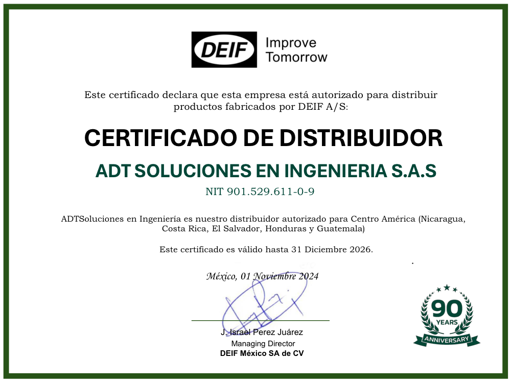 Certificado de Distribuidor DEIF — ADT Soluciones en Ingeniería