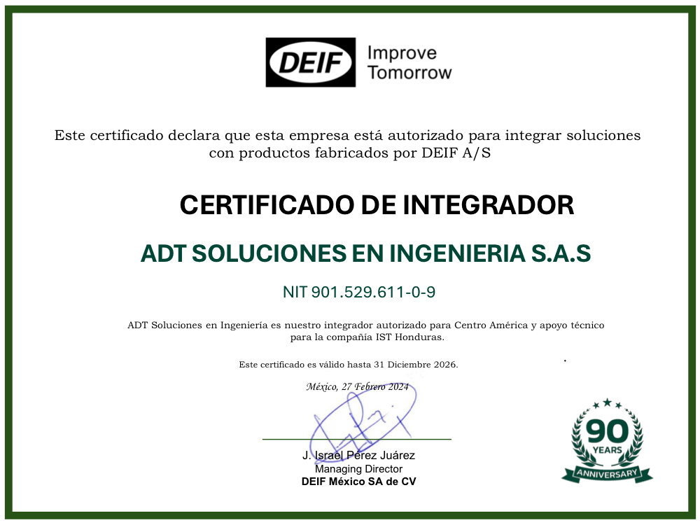 Certificado de Integrador DEIF — ADT Soluciones en Ingeniería